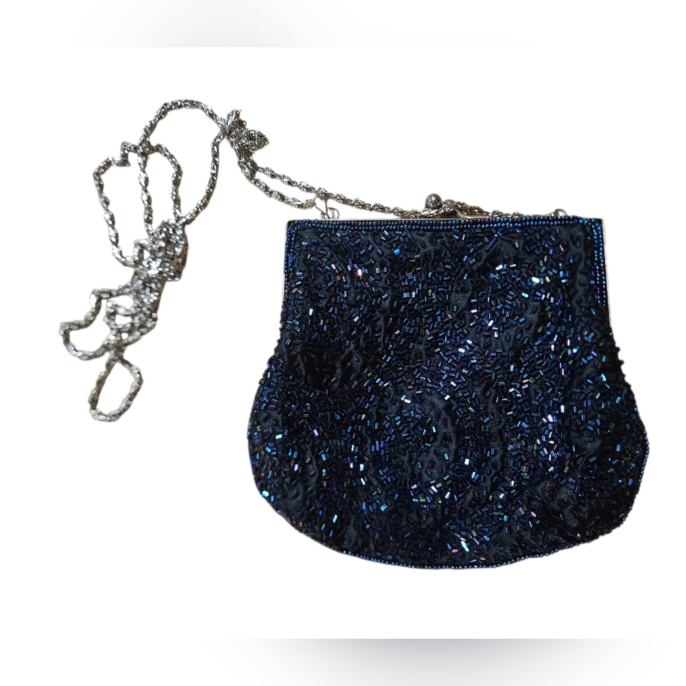 Vintage LA REGALE Beaded Iridescent Evening Bag with Silver Chain Strap. Navy.